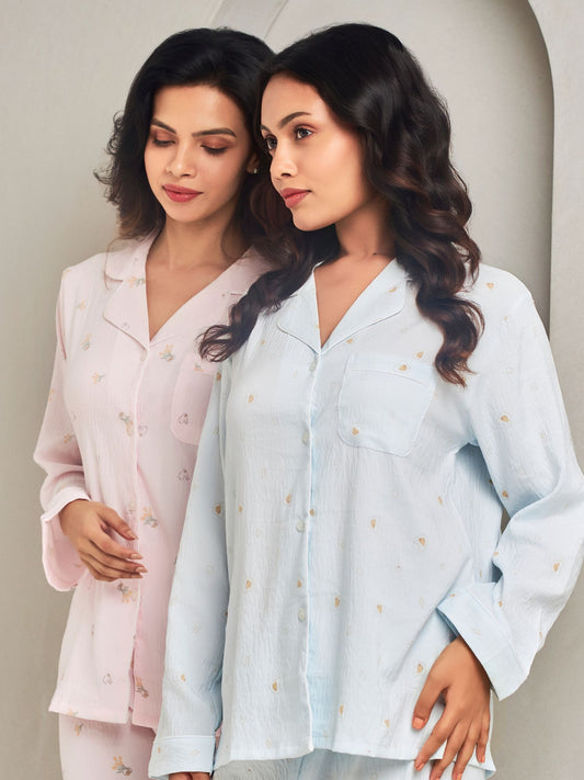 Blue Printed Pyjama Set For Women