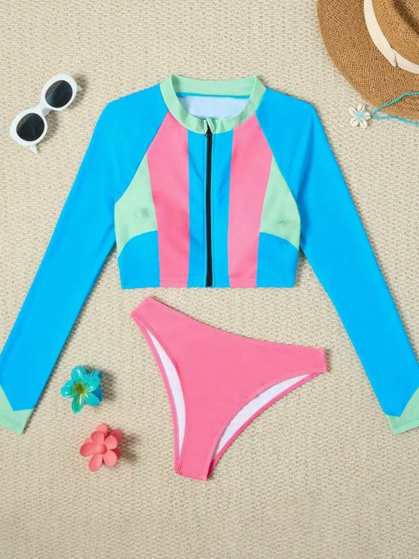 Vibrant Stripe Rash Guard Swimsuit Set