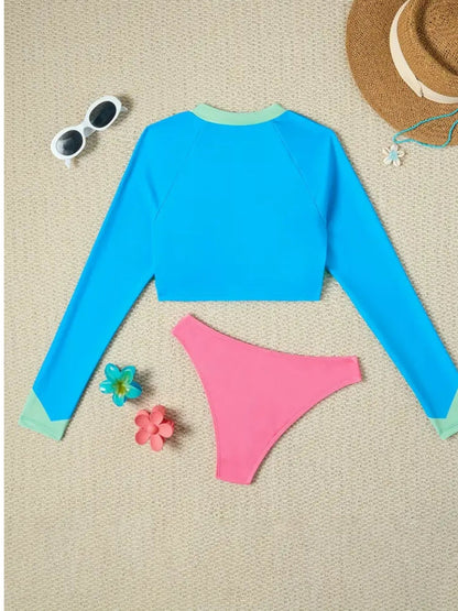 Vibrant Stripe Rash Guard Swimsuit Set