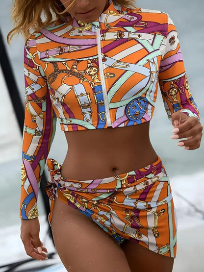 Regal Chain Print Cropped Zip Rash Guard Swimsuit with Wrap Skirt
