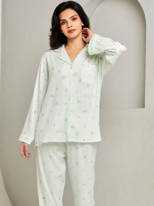 Green Printed Full-Sleeves Sleepwear Set For Women