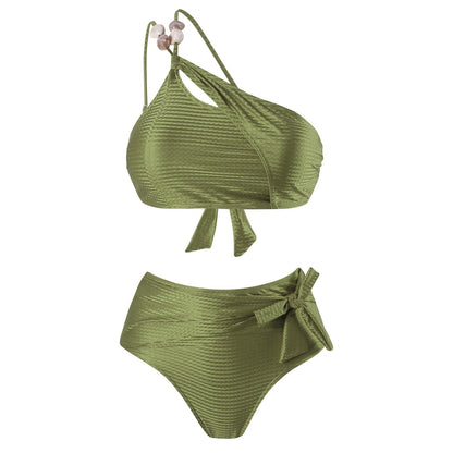 Sage Olive  Beaded Bikni Set with Sarong