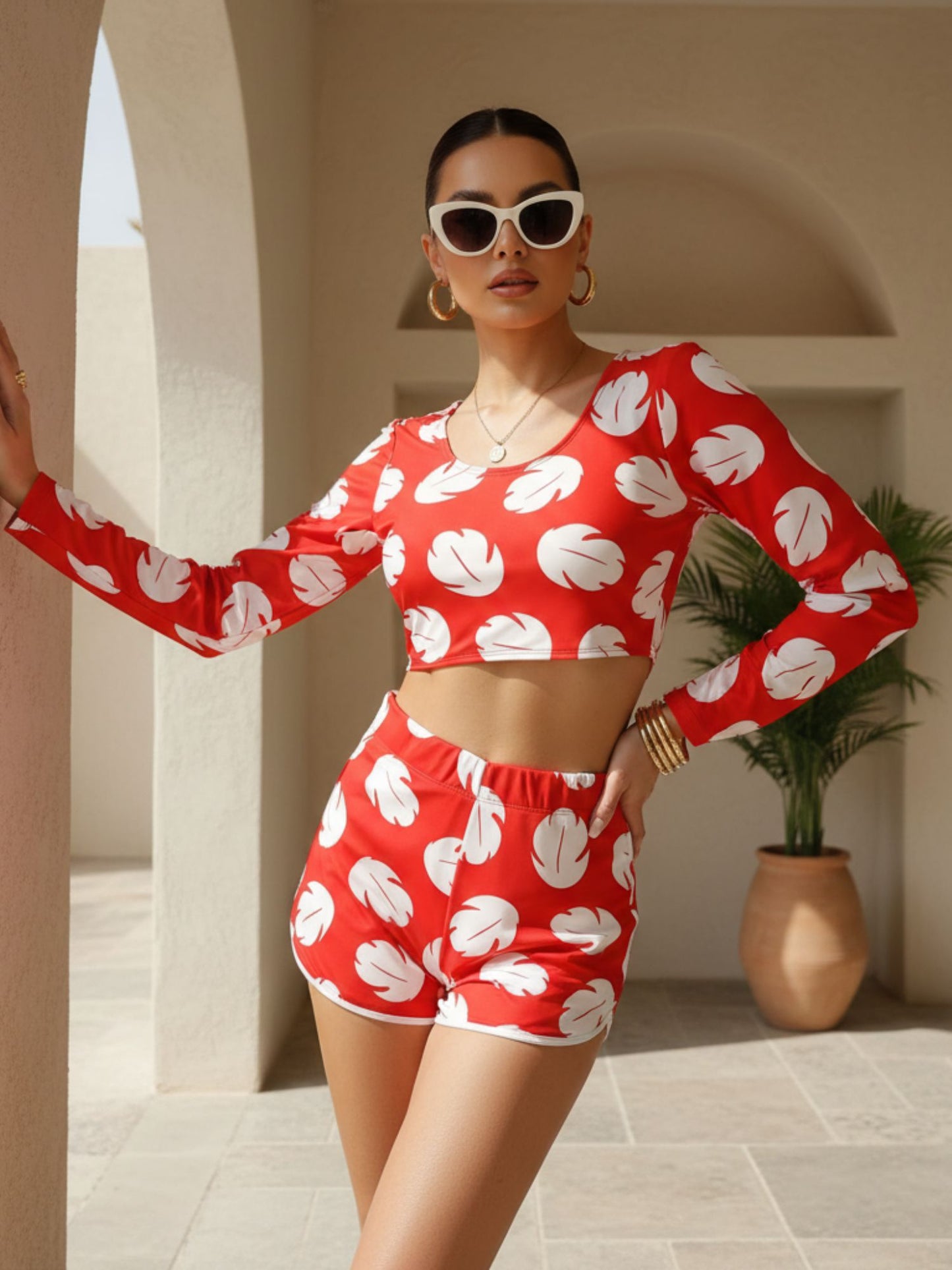 Red Leaf Print Long-Sleeve Bikini Set with High-Waisted Shorts