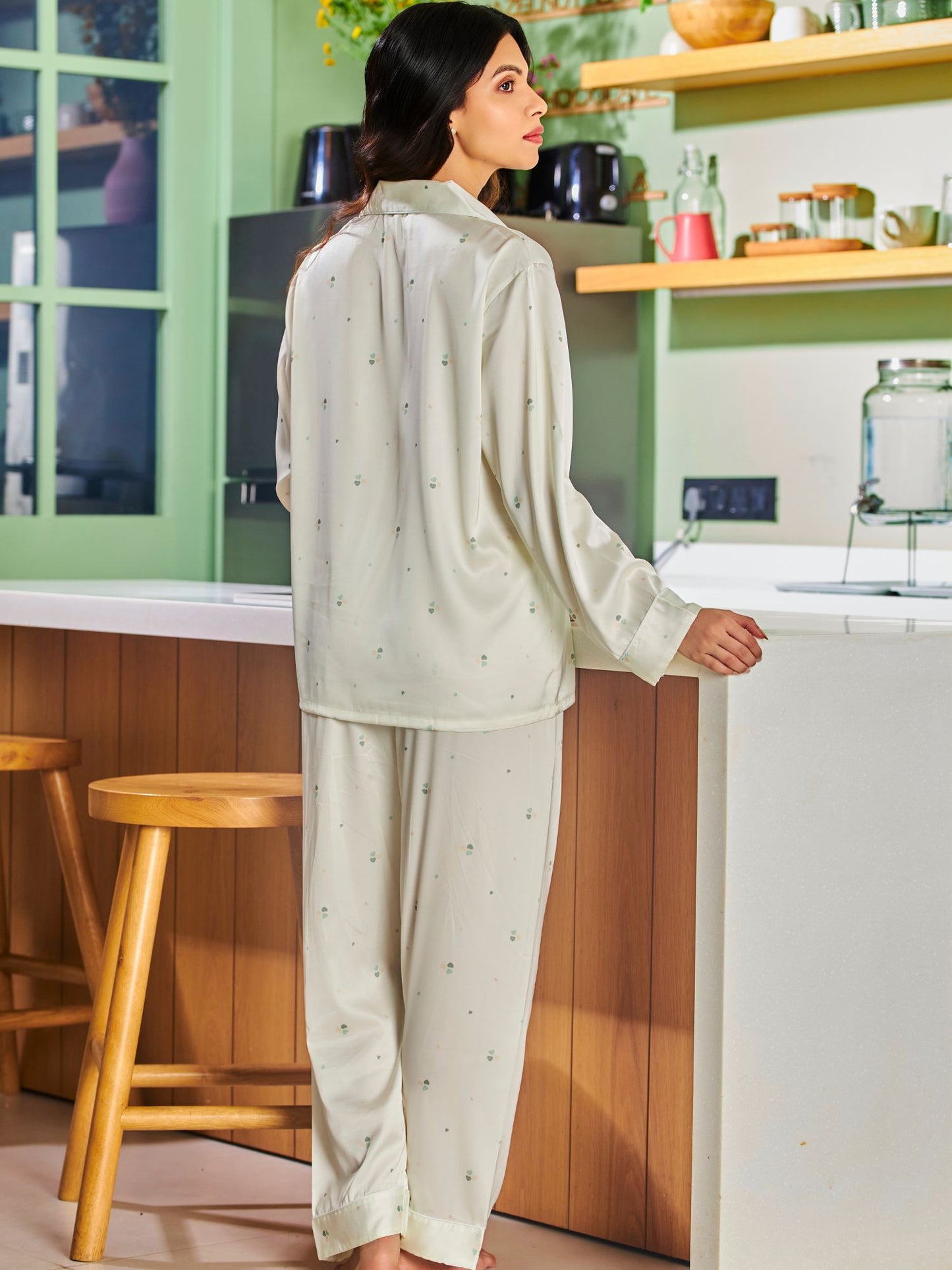 Mint Green Shirt and Pants Style Sleepwear Set For Women