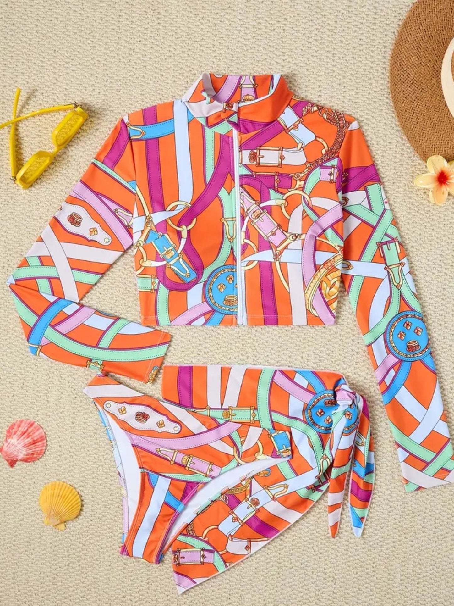 Regal Chain Print Cropped Zip Rash Guard Swimsuit with Wrap Skirt