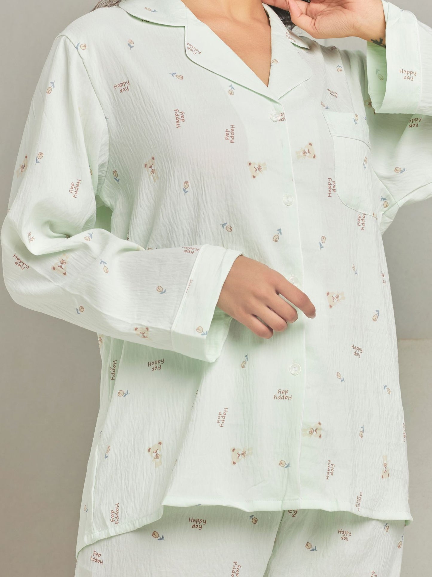 Green Printed Full-Sleeves Sleepwear Set For Women