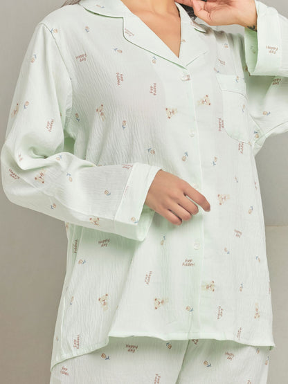 Green Printed Full-Sleeves Sleepwear Set For Women