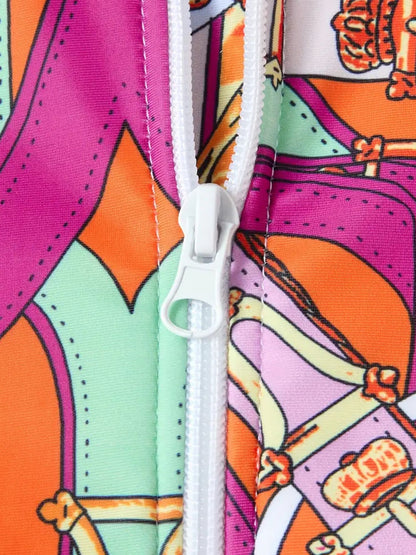 Regal Chain Print Cropped Zip Rash Guard Swimsuit with Wrap Skirt