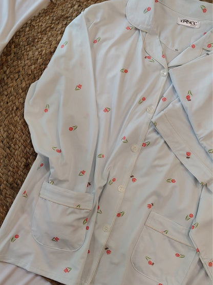 Blue Plus Size Floral Soft Cotton Sleepwear Set