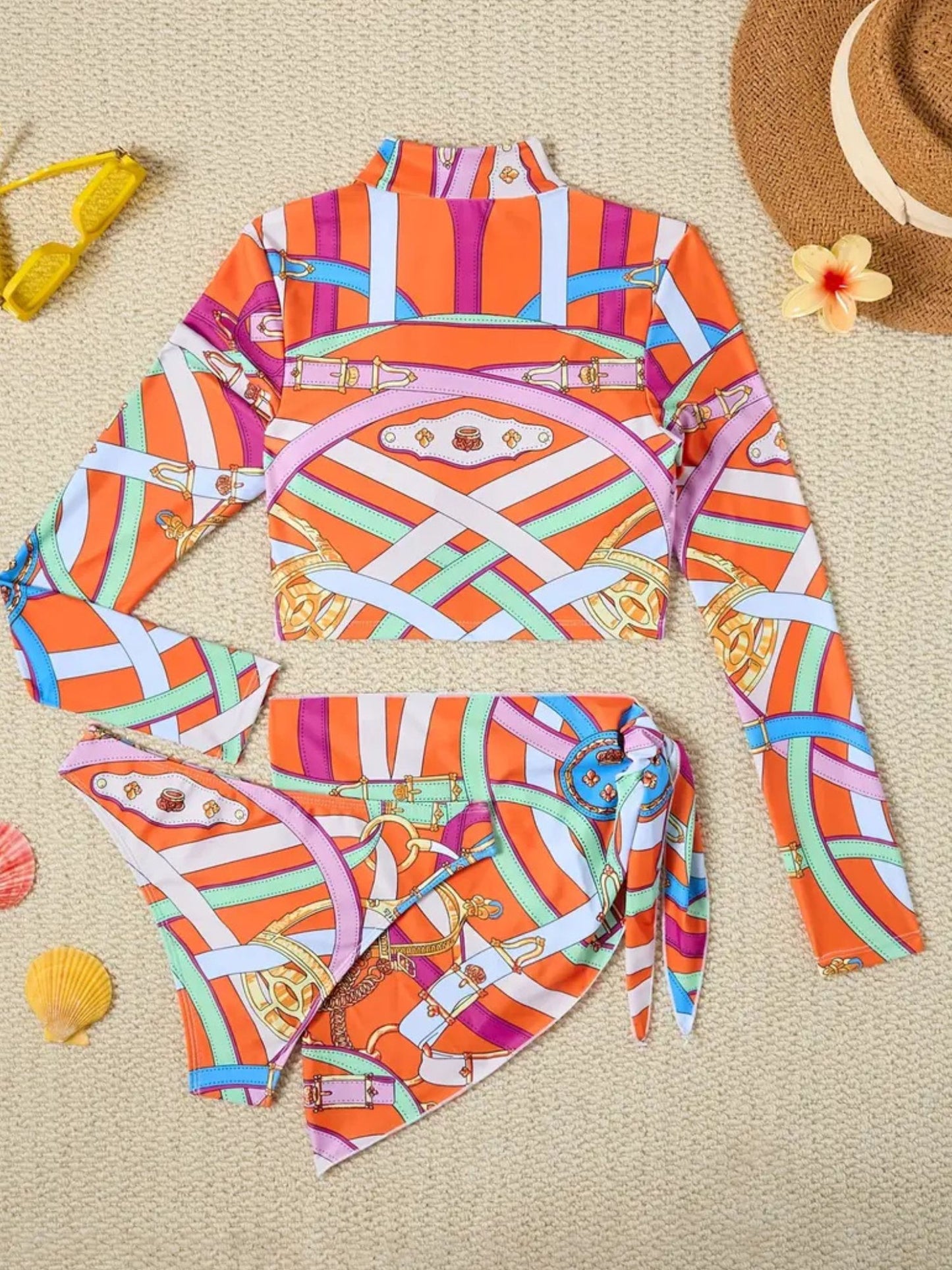 Regal Chain Print Cropped Zip Rash Guard Swimsuit with Wrap Skirt