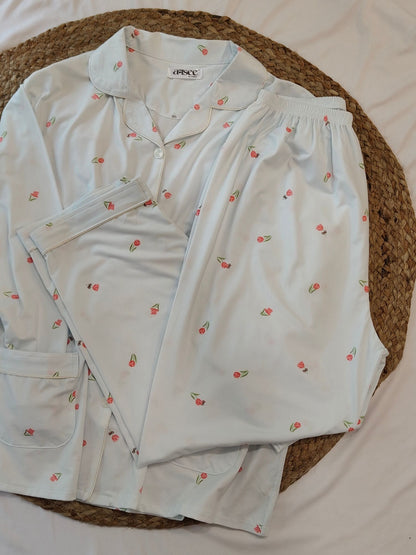 Blue Plus Size Floral Soft Cotton Sleepwear Set