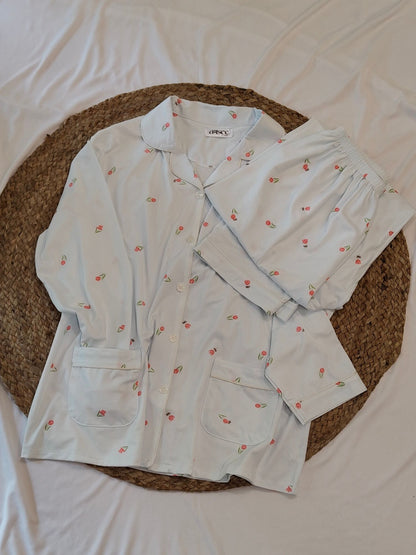 Blue Plus Size Floral Soft Cotton Sleepwear Set