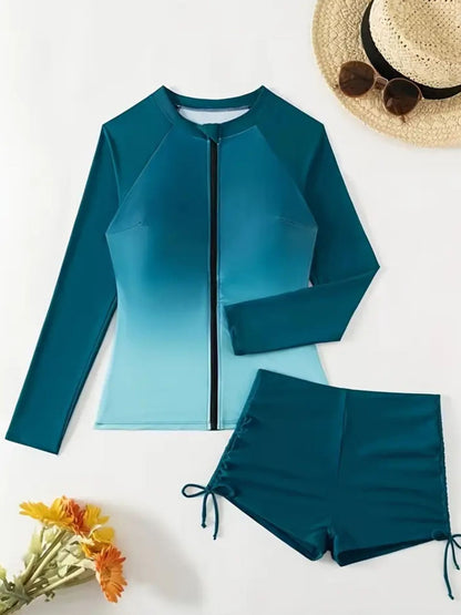 Ombre Teal Zip-Front Rash Guard Swim Set with Ruched Shorts