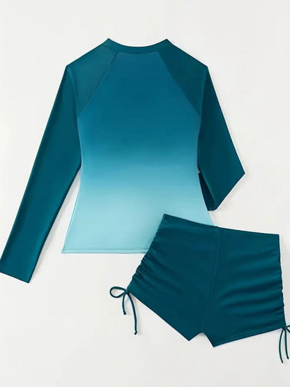 Ombre Teal Zip-Front Rash Guard Swim Set with Ruched Shorts