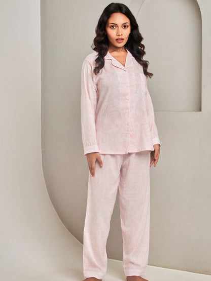 Pink Printed Nightsuit Set For Women