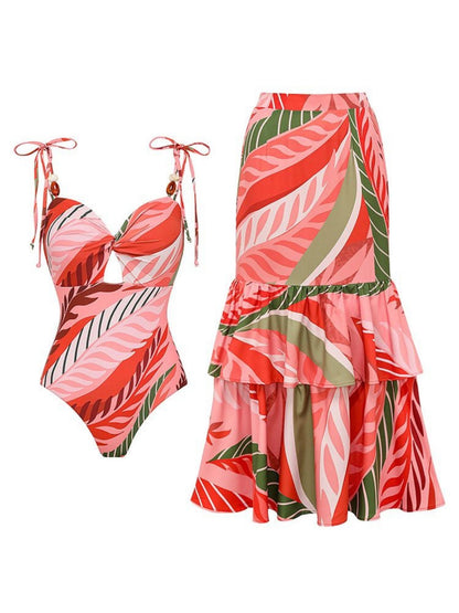 Tropical Red & Green Printed Monokini Set