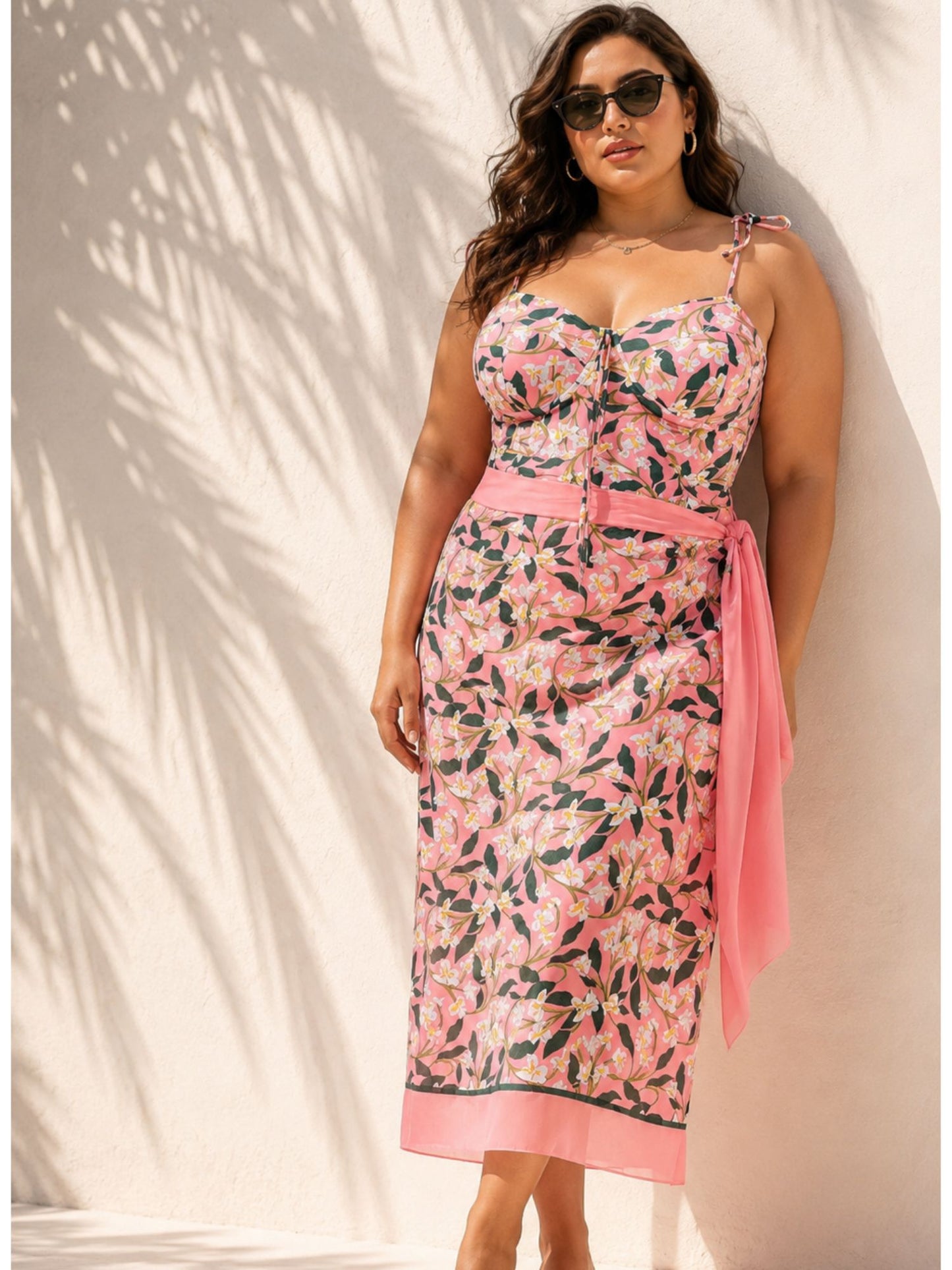 Pink Leaf Print One-Piece Swimsuit With Adjustable Tie Straps & Matching Knot Sarong