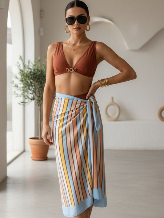 Terracotta Ring V-Neck Bikini Set With Striped Wrap Sarong