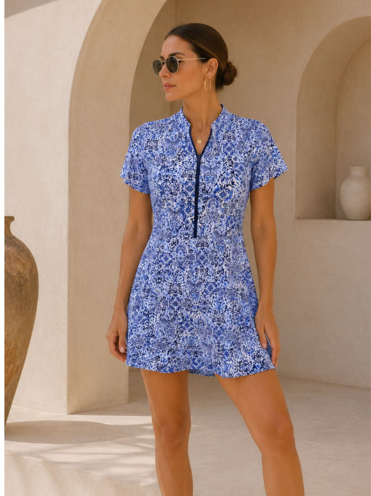 Women’s Blue Paisley Zip-Front Swimdress