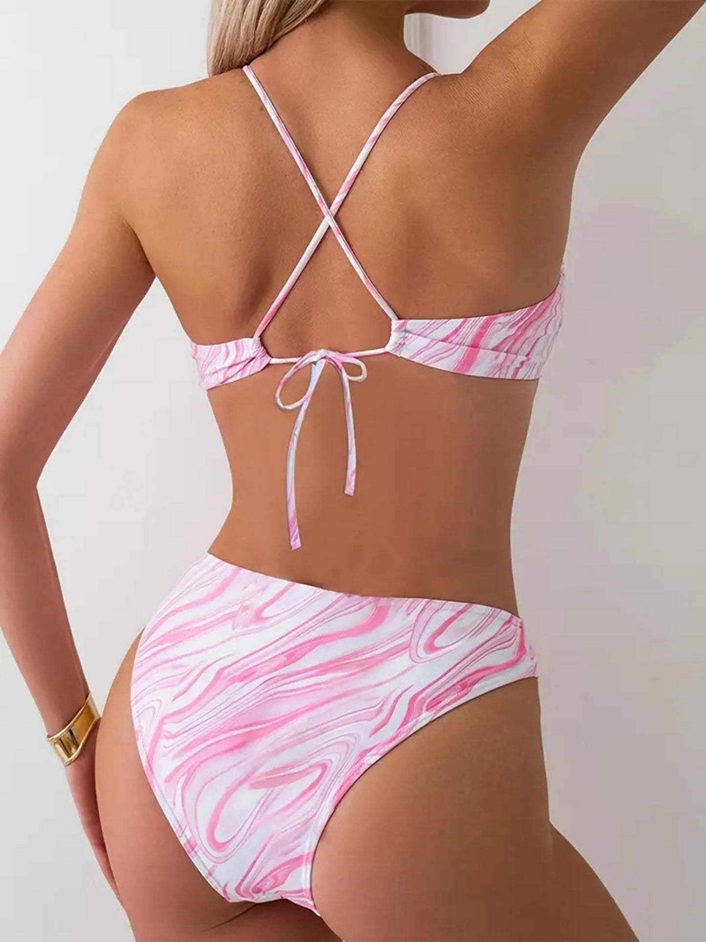 Pink Marble Keyhole Bikini Set With Back Tie Up