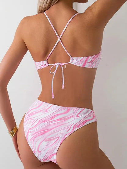Pink Marble Keyhole Bikini Set With Back Tie Up