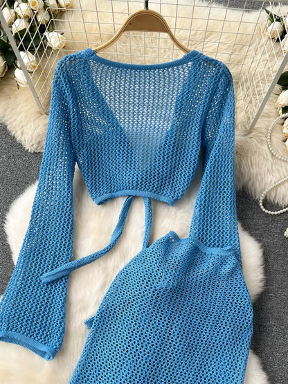 Blue Crochet Knit Beach Cover-Up Set