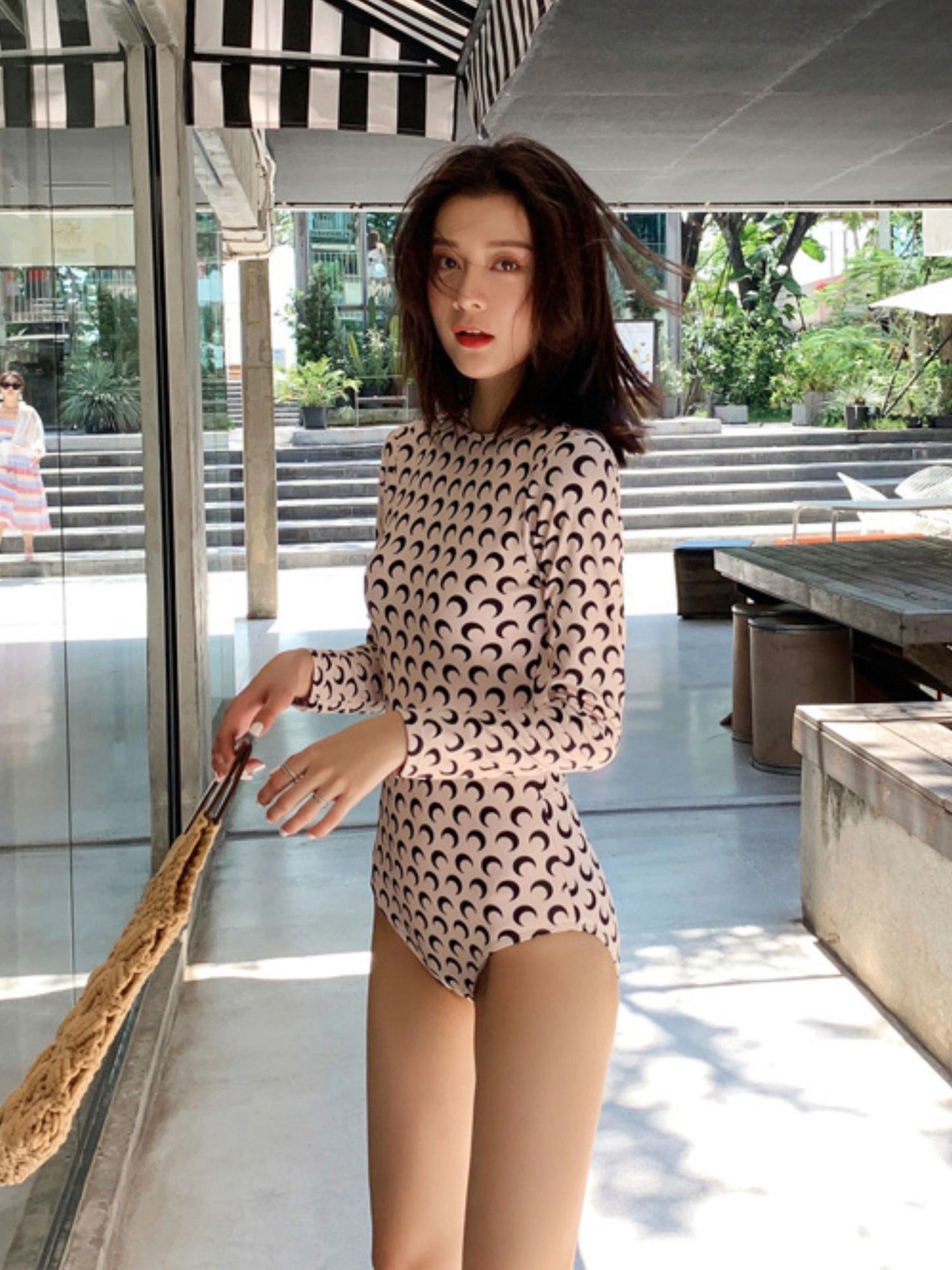 Crescent Moon Long-Sleeve One-Piece Swimsuit