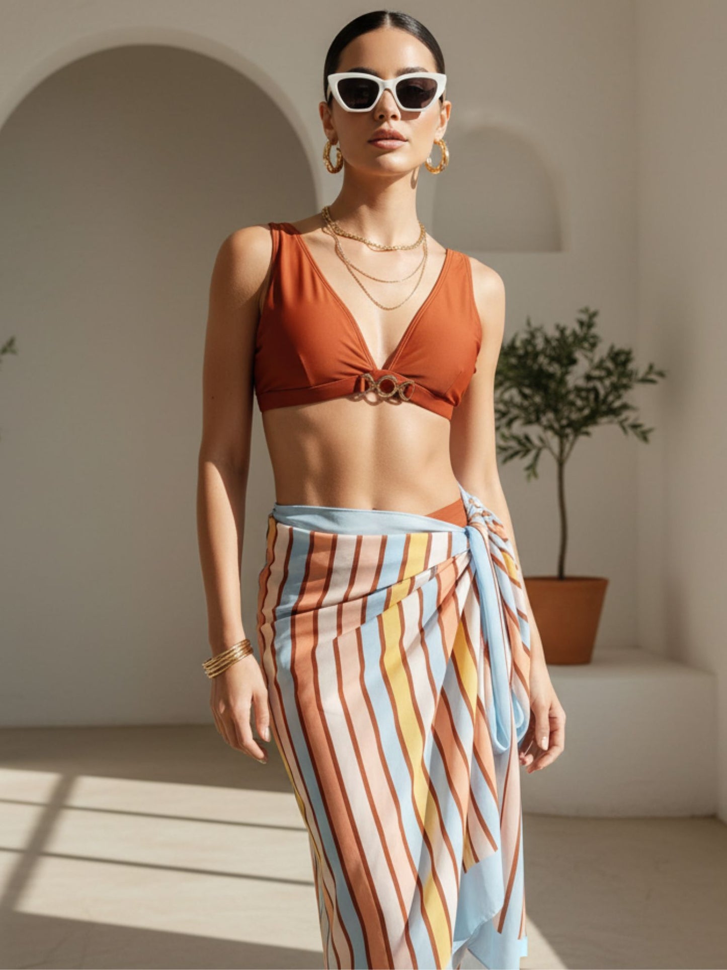 Terracotta Ring V-Neck Bikini Set With Striped Wrap Sarong
