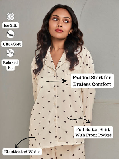 Soft Silk Cream Printed Loungewear Set