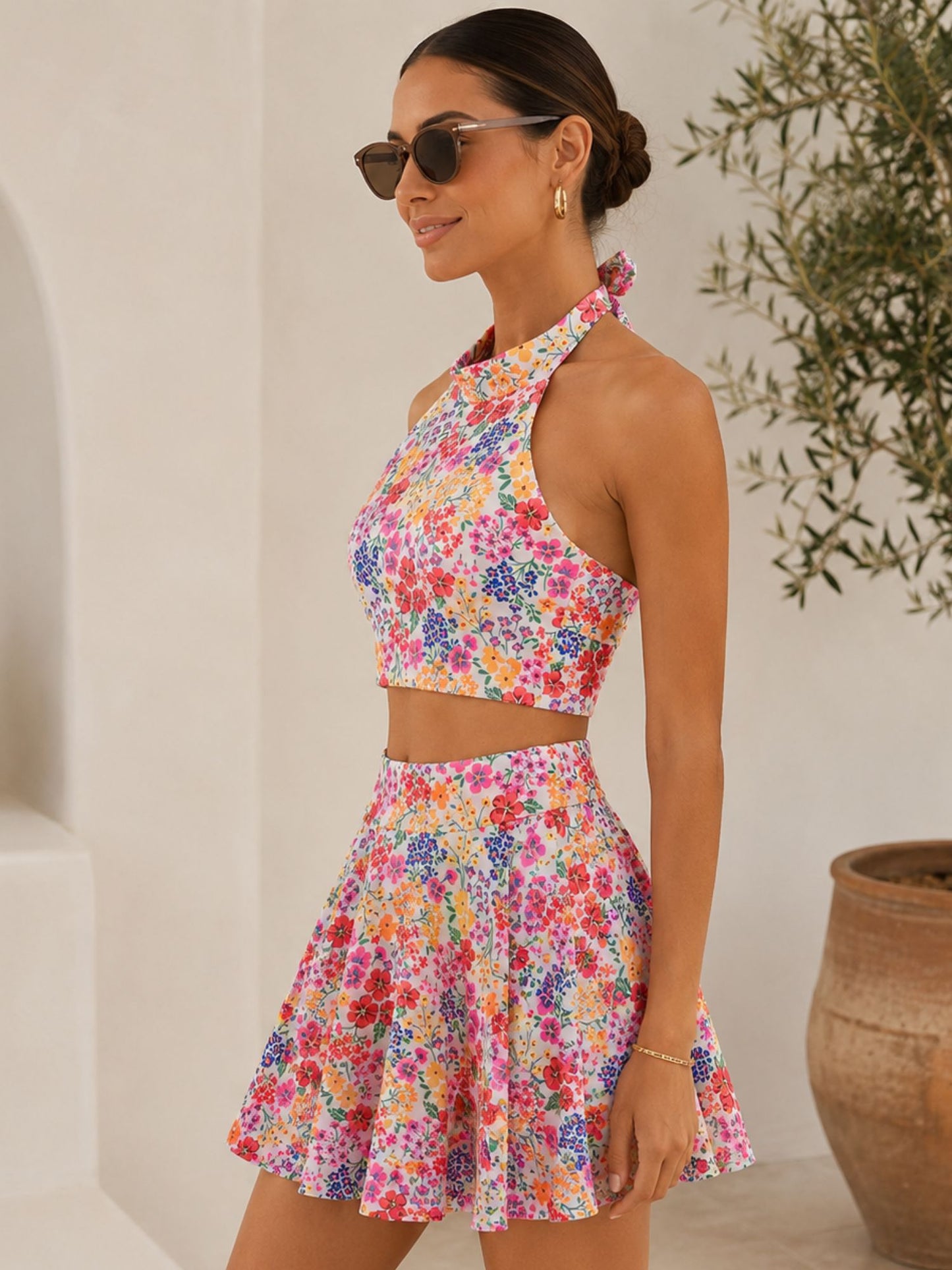 Multicolor Pastel Floral Halter Skirted Swimsuit Set