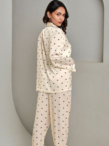 Soft Silk Cream Printed Loungewear Set