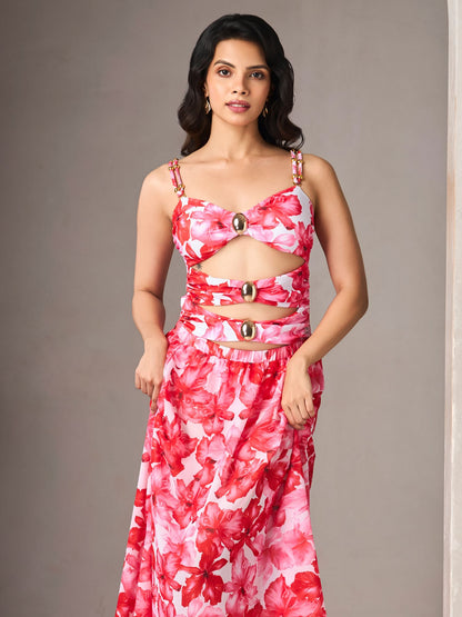 Elegant Red Floral Monokini with Cover-Up