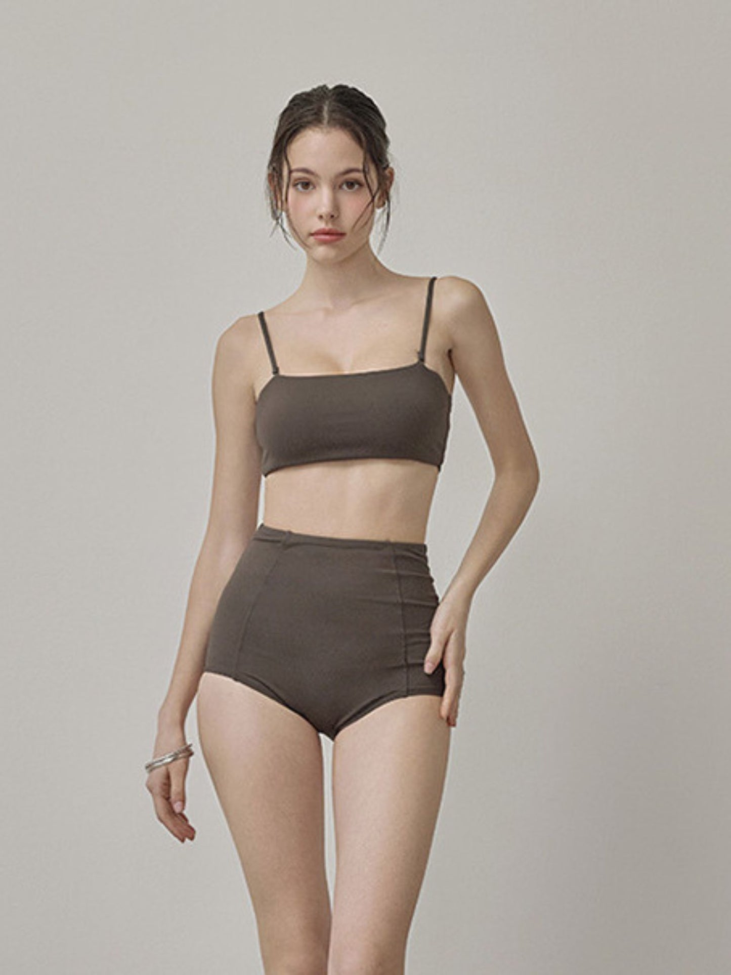 Dark Olive High-Waisted Bikini Set With Convertible Top