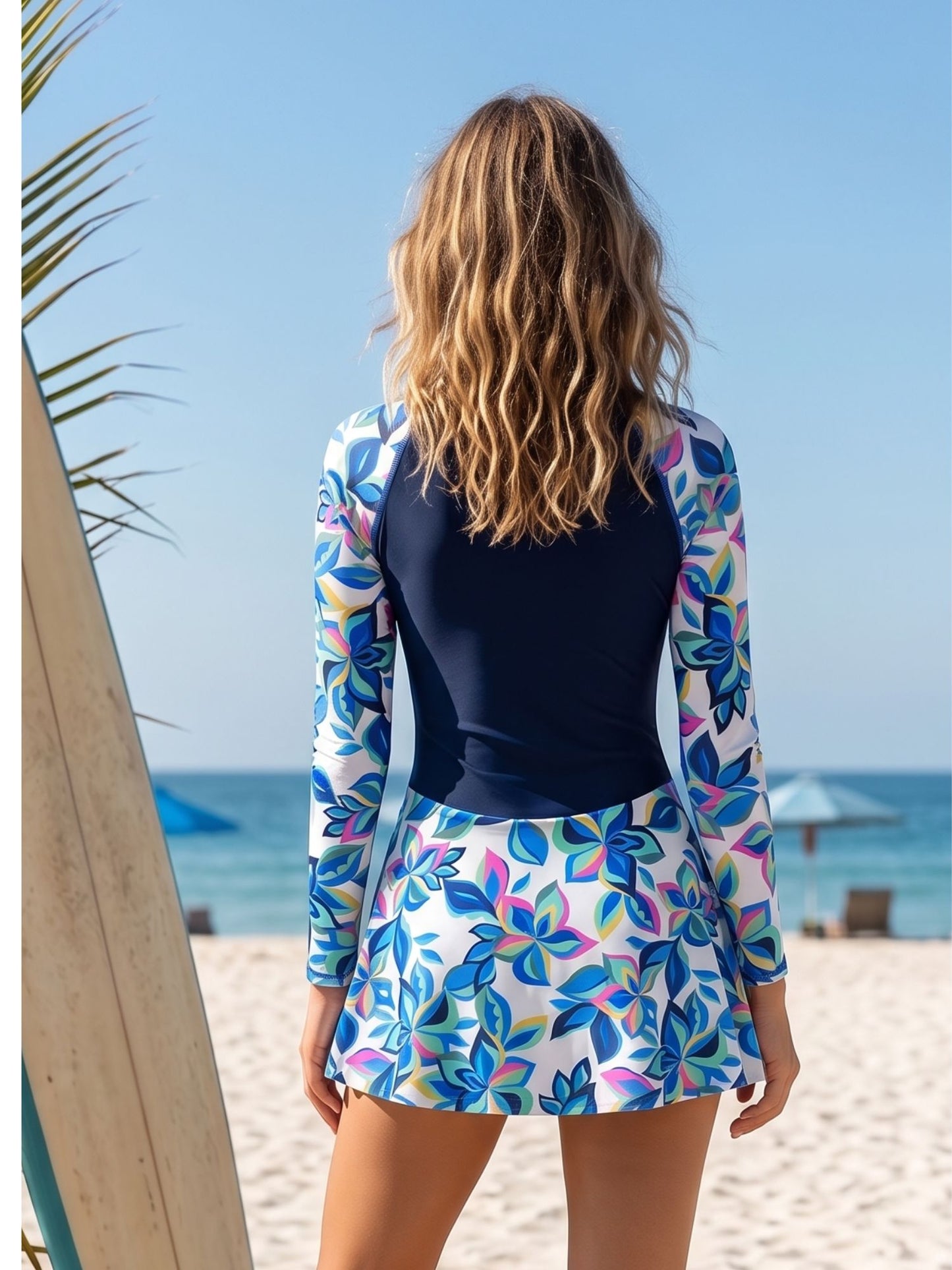 Blue Tropical Floral Long Sleeve Swimsuit Dress