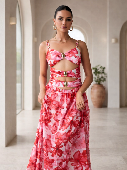 Elegant Red Floral Monokini with Cover-Up