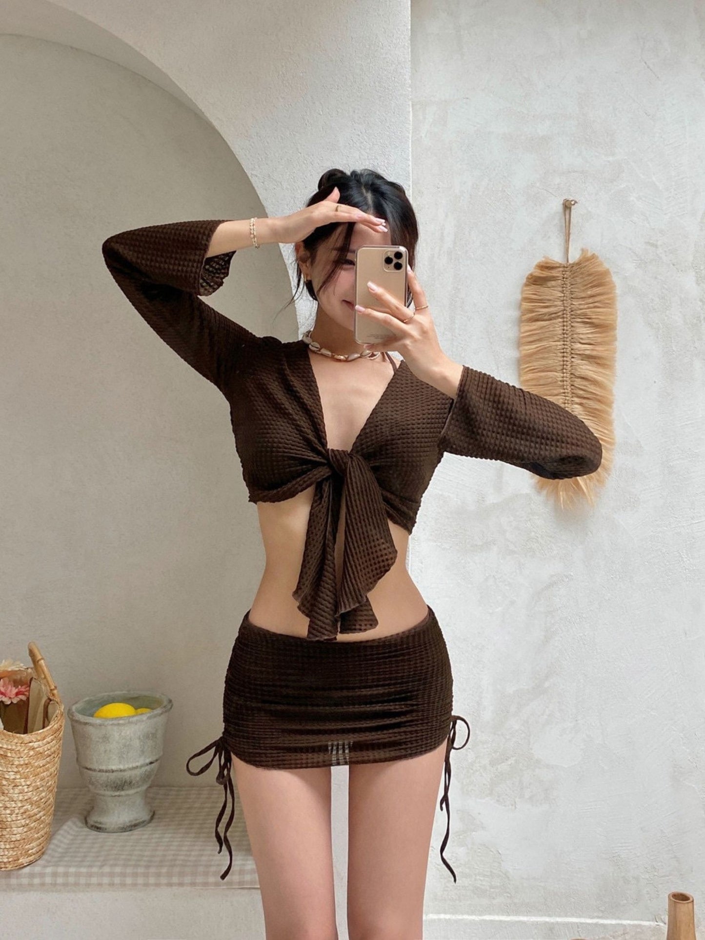 Chocolate Ribbed Bikini Set With Cover Up