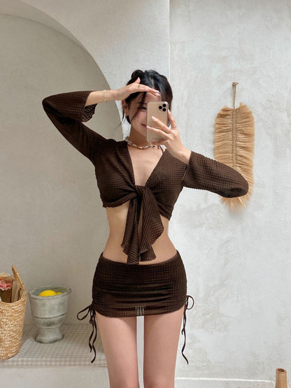 Chocolate Ribbed Bikini Set With Cover Up