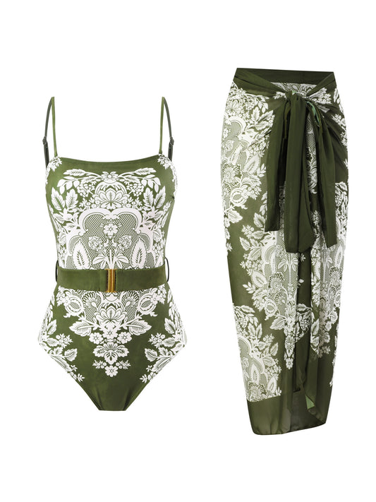 Abstract Green Monokini and Sarong Set