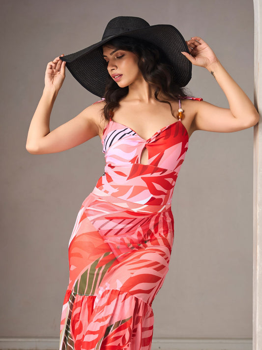 Tropical Red & Green Printed Monokini Set