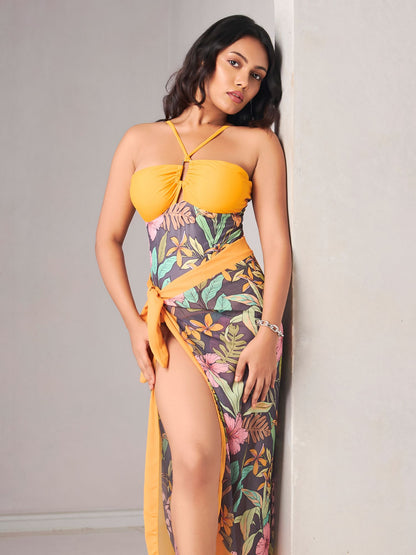 Mango Yellow Tropical Print Monokini with Sarong