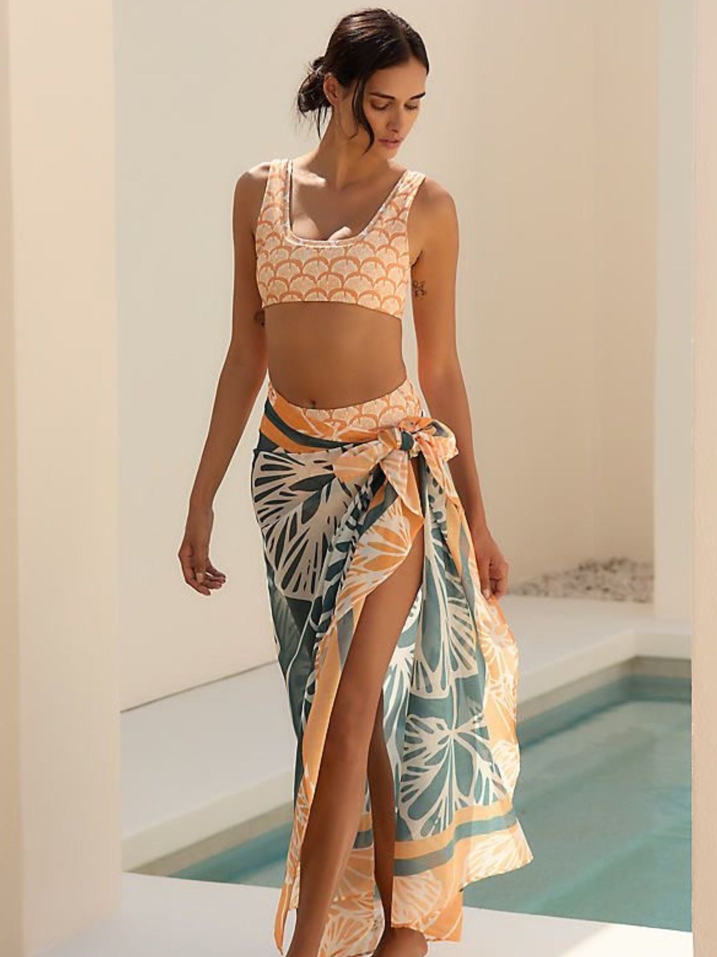 Sunset Bloom Scoop-Neck Bikini Set With Tropical Sarong