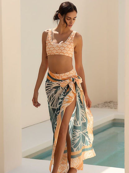 Sunset Bloom Scoop-Neck Bikini Set With Tropical Sarong