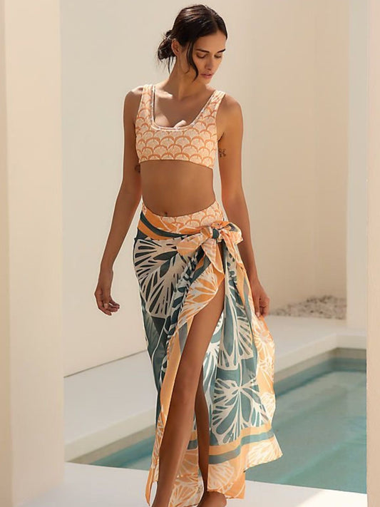 Sunset Bloom Scoop-Neck Bikini Set With Tropical Sarong