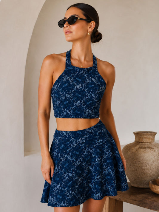 Midnight Botanical Halter Skirted Swimsuit Set