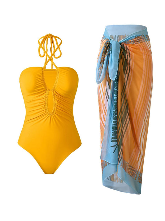 Yellow Halter Neck Monokini with Sarong
