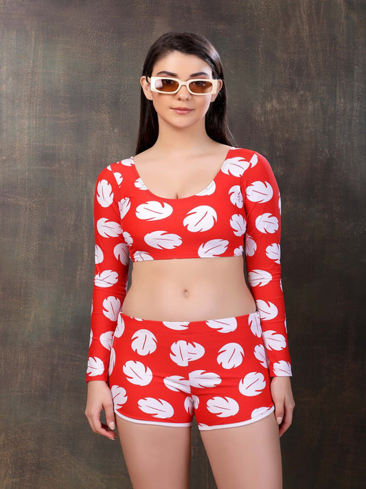 Red Leaf Print Long-Sleeve Bikini Set with High-Waisted Shorts