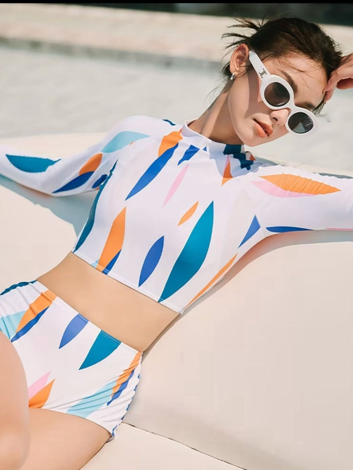 Sunset Leaf High-Waist Long-Sleeve Rash Guard Bikini Set