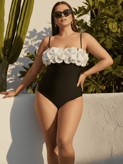 Black 3D Floral Plus Size Monokini With Skirt