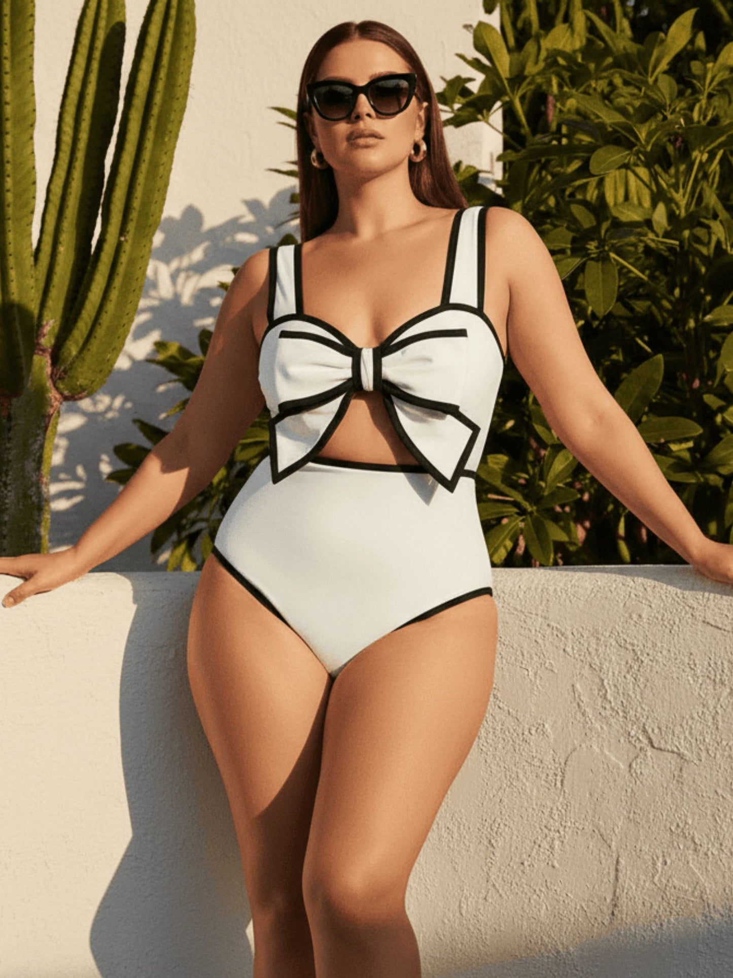 Black & White Bow One-Piece Swimsuit With Polka Dot Midi Sarong Skirt