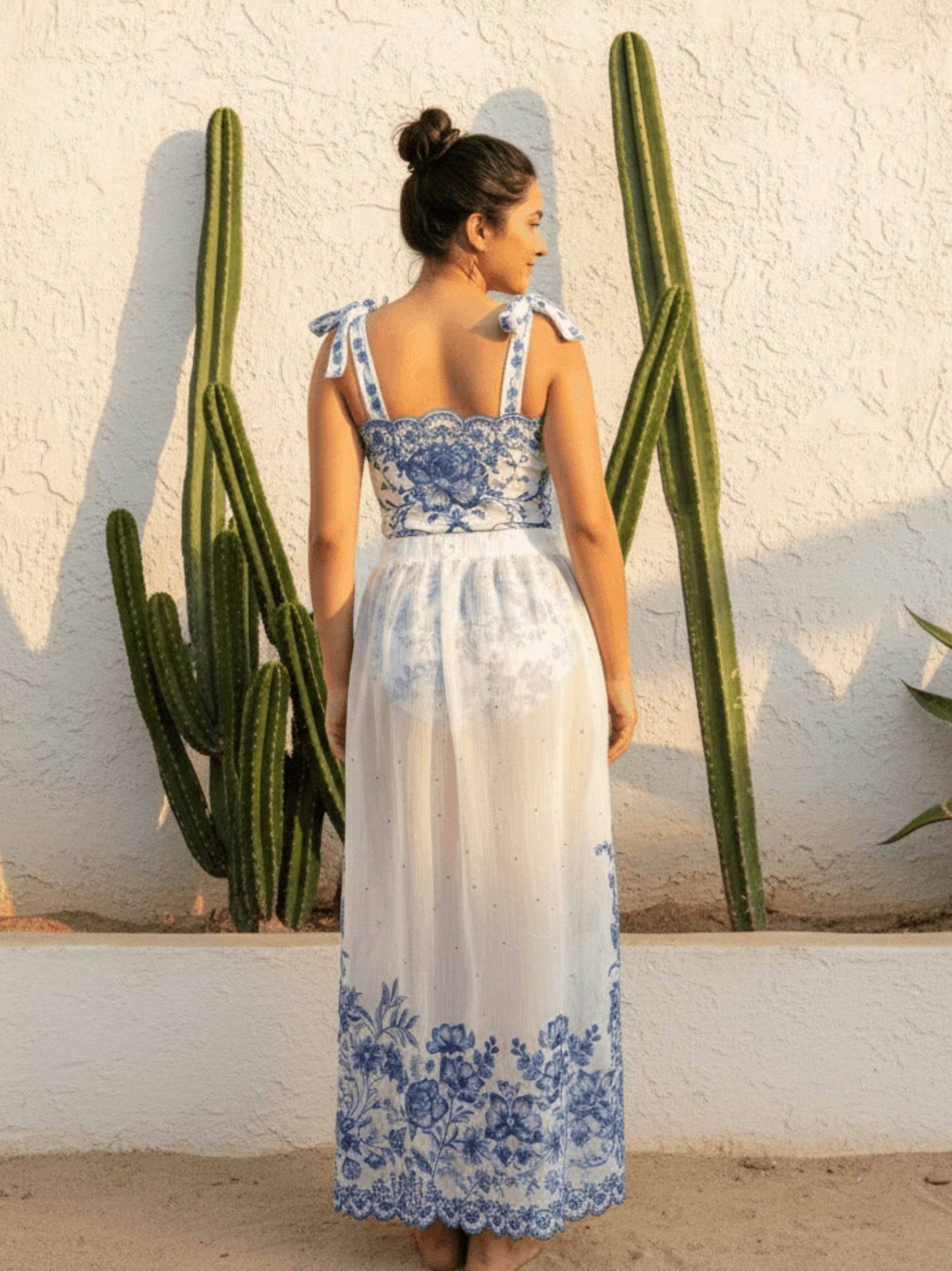 Blue Toile Tie-Shoulder Swimsuit With Sarong